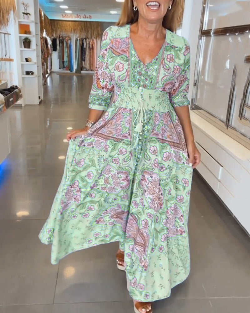 Robe longue imprimée respirante pour femmes avec cordon de serrage