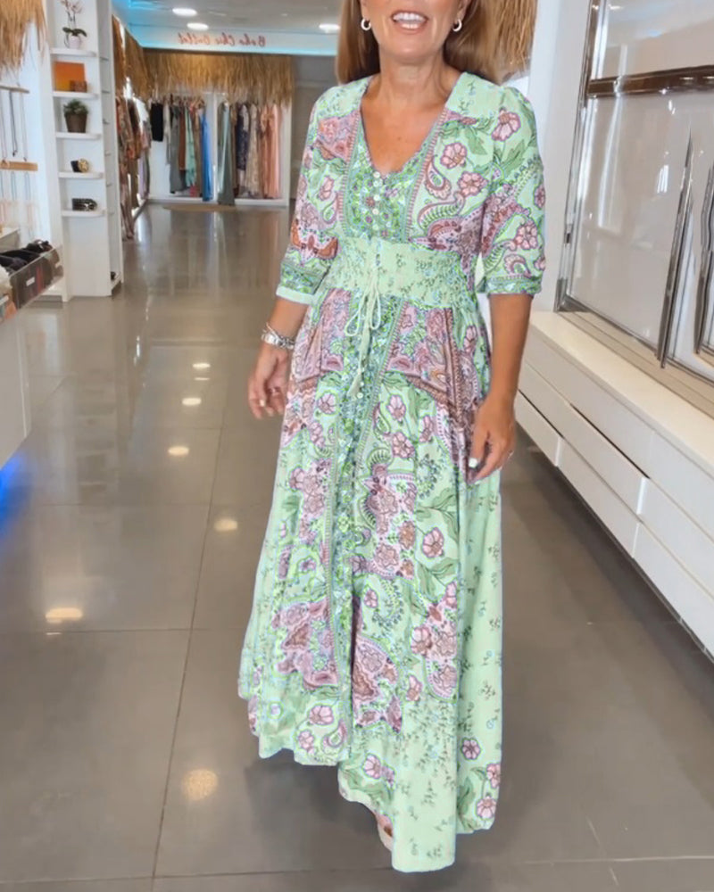 Robe longue imprimée respirante pour femmes avec cordon de serrage