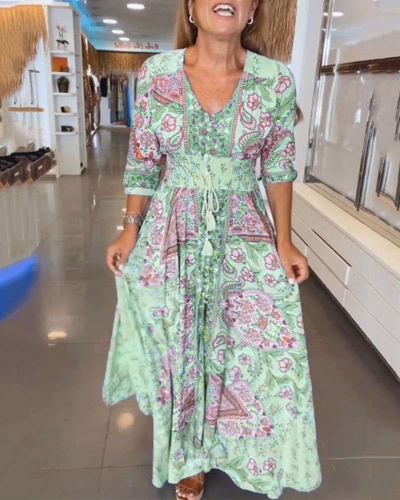 Robe longue imprimée respirante pour femmes avec cordon de serrage