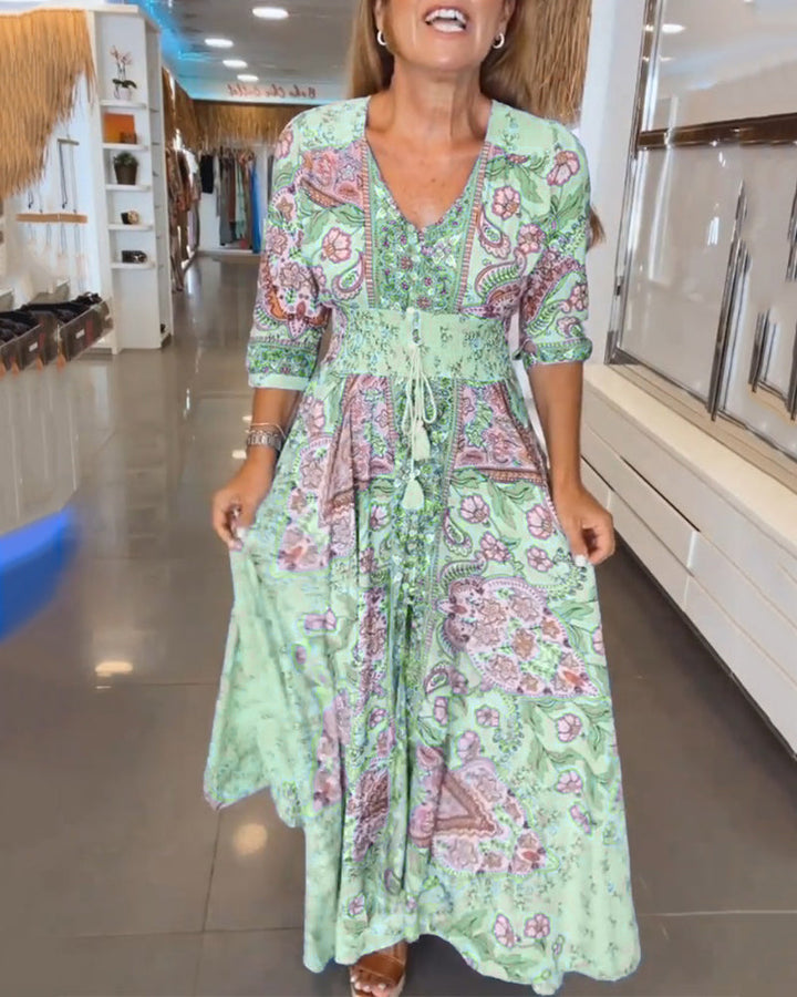 Robe longue imprimée respirante pour femmes avec cordon de serrage