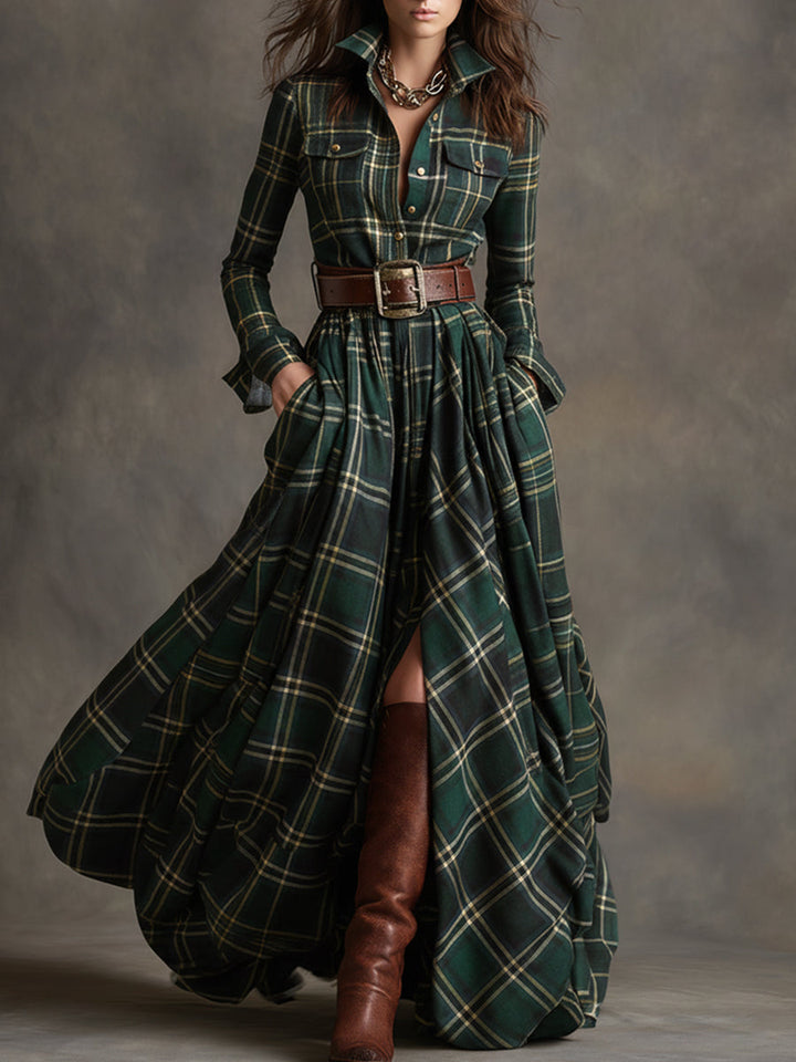 Women’s Plaid Maxi Dress with Button Front and Belt