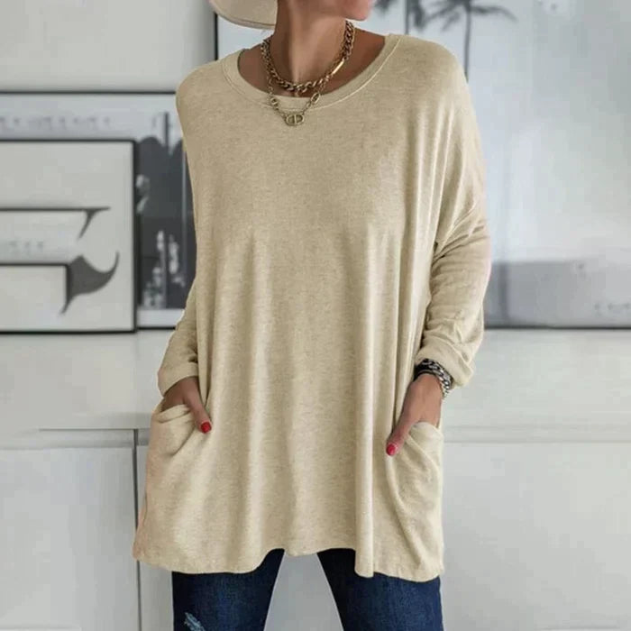 Relaxed Fit Long Sleeve Tunic Top with Pockets