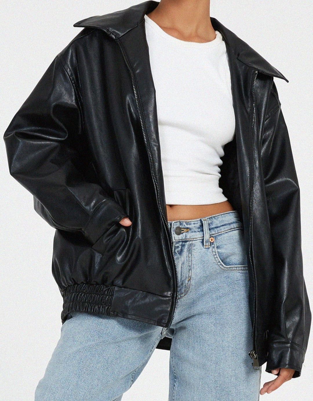 Relaxed Fit Oversized Faux Leather Zip Jacket