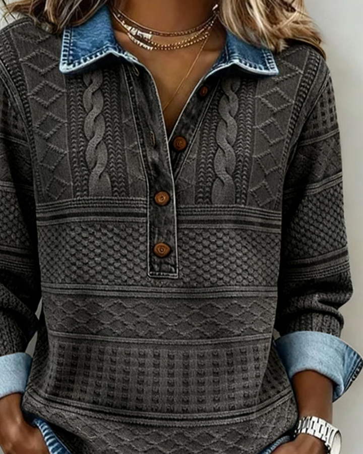 Damski top z miękkiej dzianiny z efektem dżinsu i guzikiem z przodu