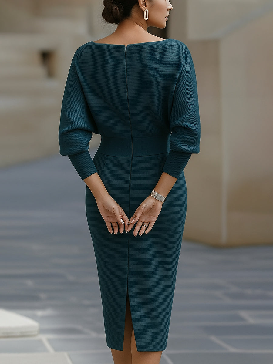 Women’s Draped Neck Midi Dress with Slim-Fit Skirt