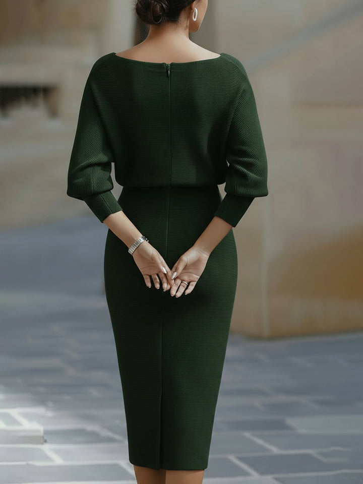 Women’s Draped Neck Midi Dress with Slim-Fit Skirt