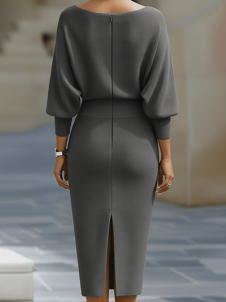 Women’s Draped Neck Midi Dress with Slim-Fit Skirt