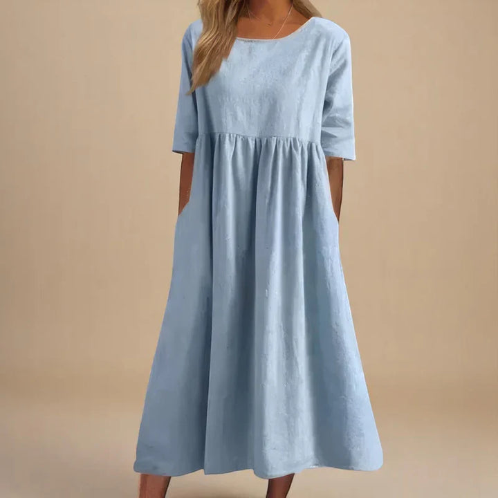 Flattering Cotton Dress Women with Relaxed Sleeves & Hidden Pockets