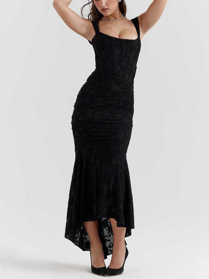 Women’s Square Neck Ruched High-Low Midi Dress