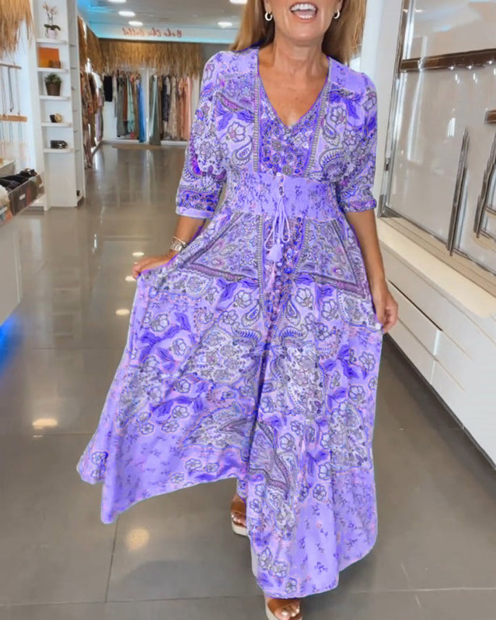 Robe longue imprimée respirante pour femmes avec cordon de serrage