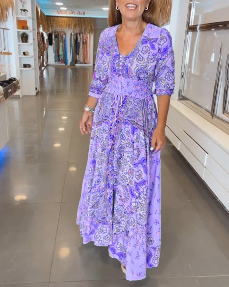 Robe longue imprimée respirante pour femmes avec cordon de serrage