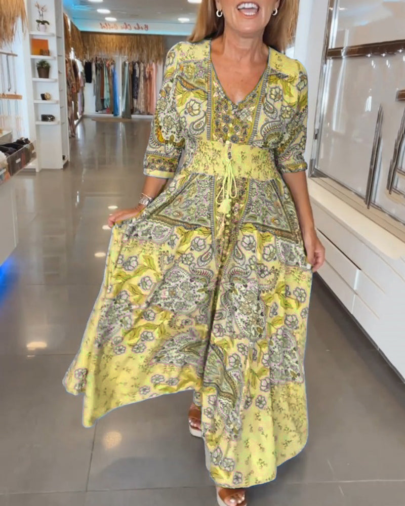 Robe longue imprimée respirante pour femmes avec cordon de serrage