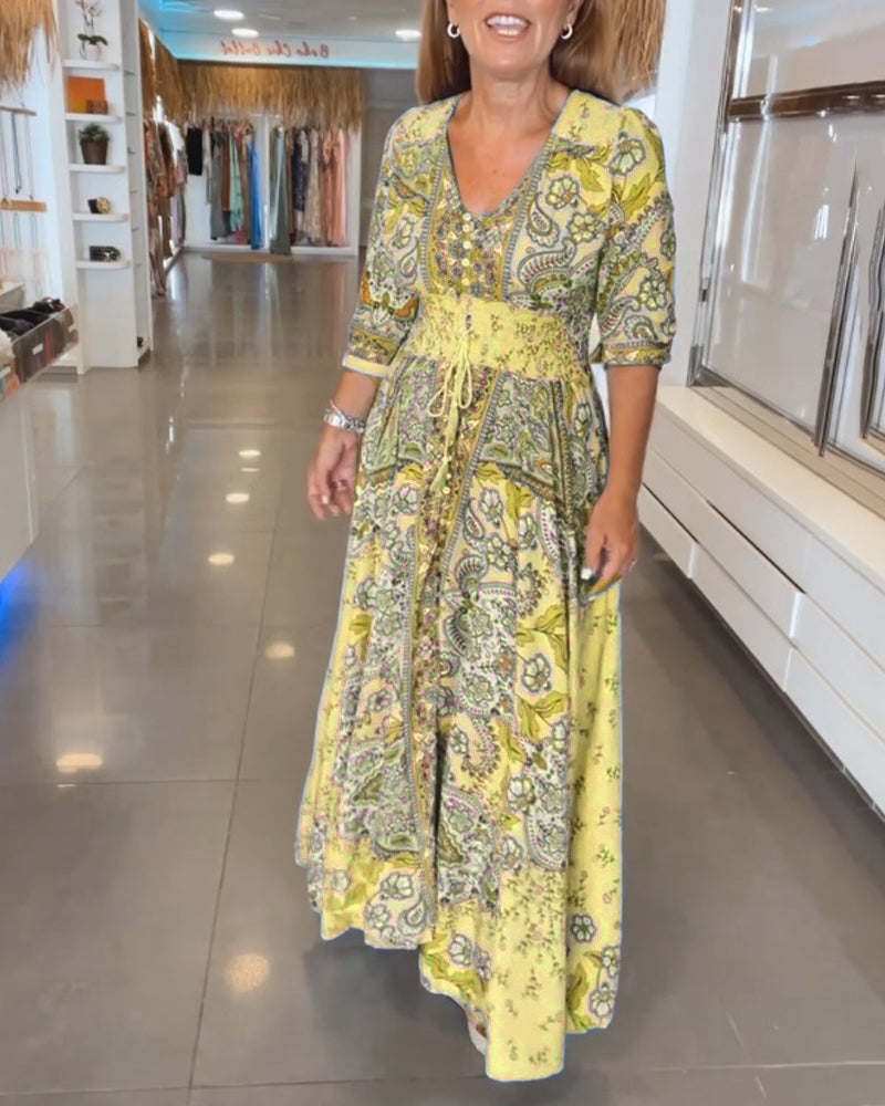 Robe longue imprimée respirante pour femmes avec cordon de serrage