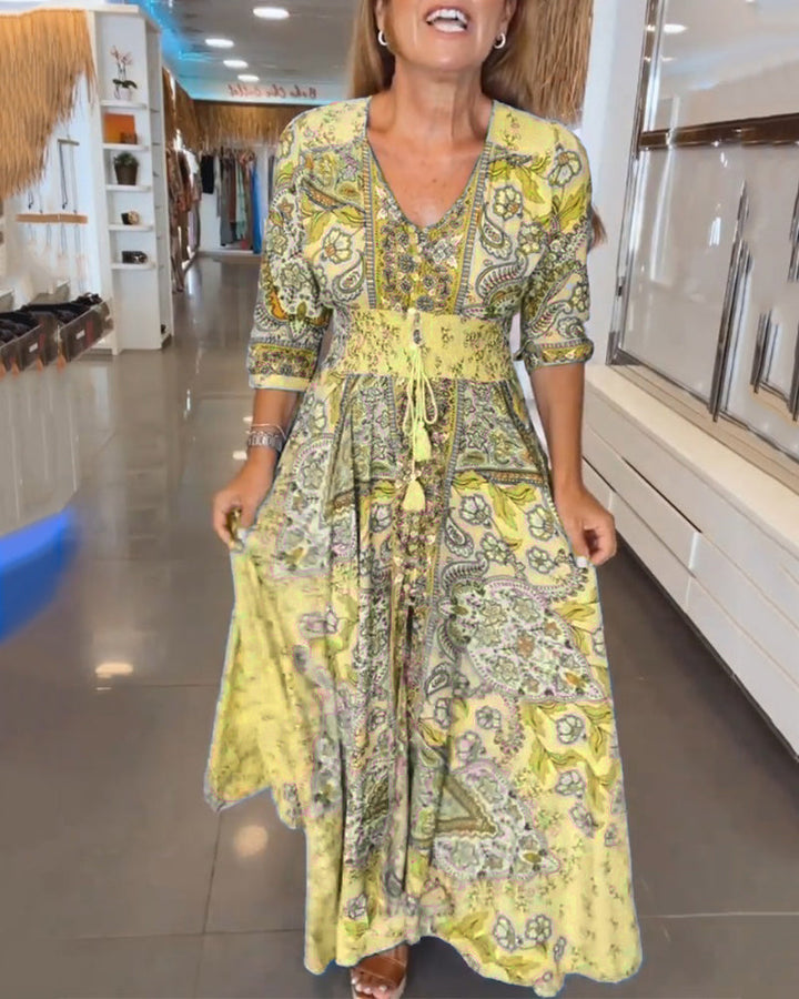 Robe longue imprimée respirante pour femmes avec cordon de serrage