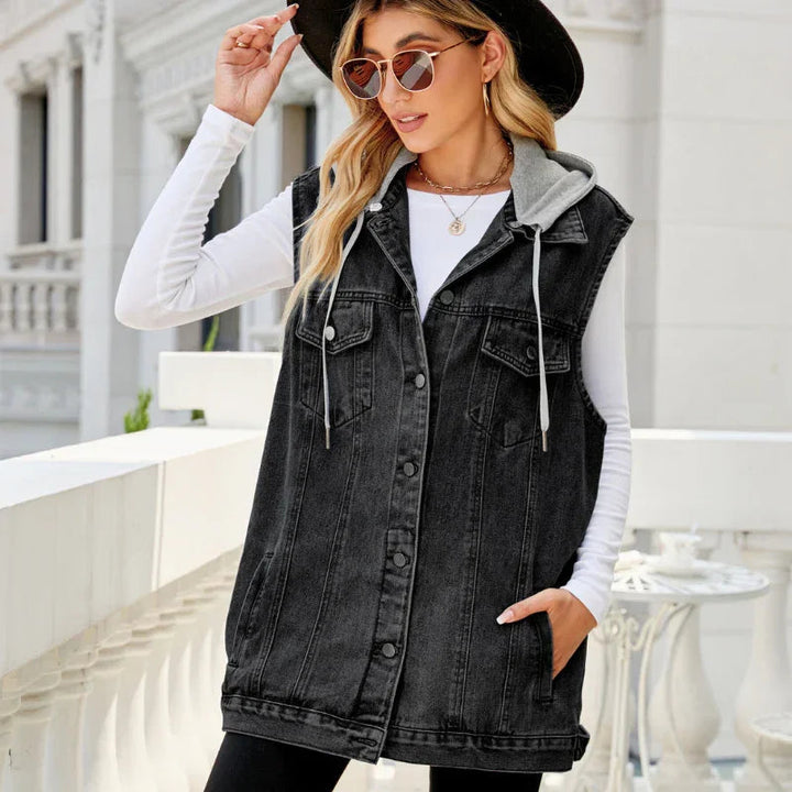 Gilet in denim oversize con cappuccio per stratificazioni senza sforzo