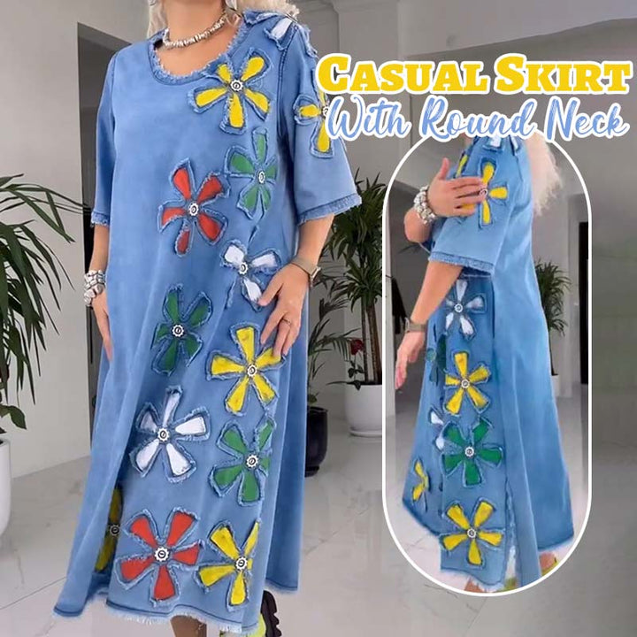 Atmungsaktives Damen-Midikleid aus Denim mit Blumenmuster