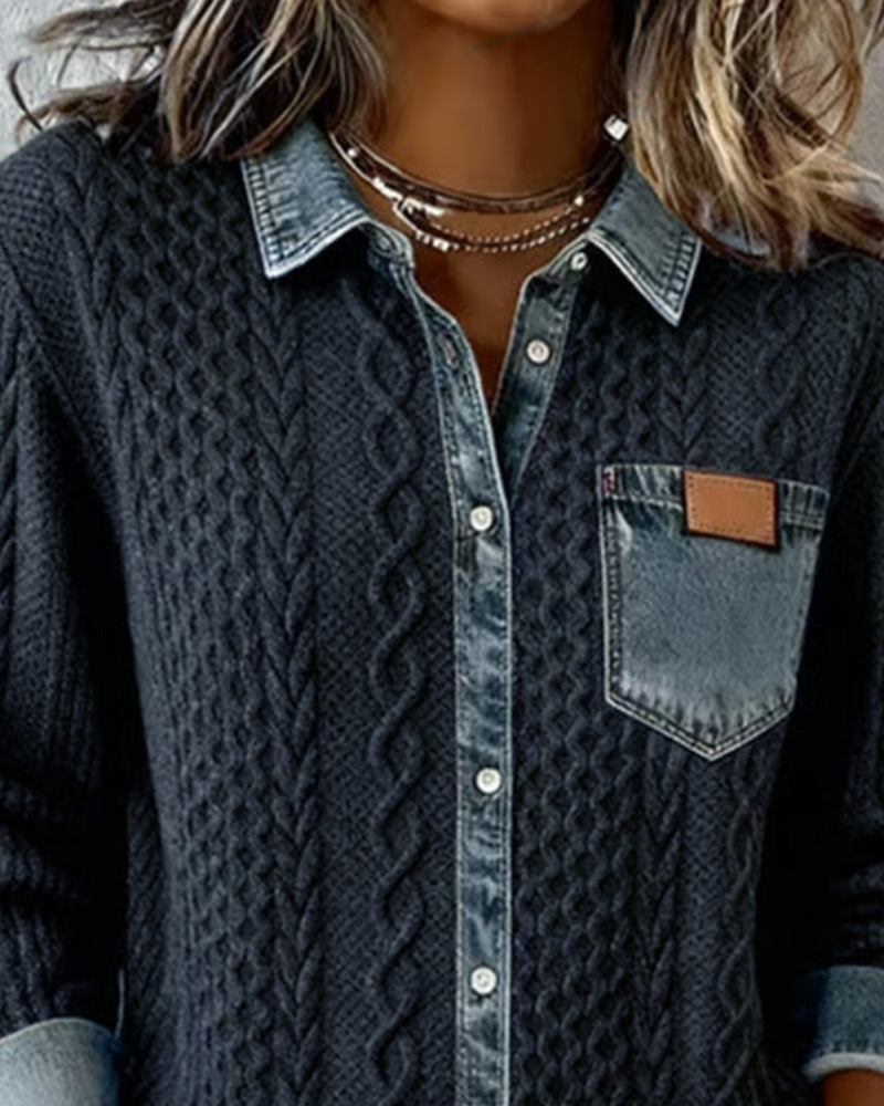 Women’s Soft Knit Sweater Featuring Denim Collar and Cuffs