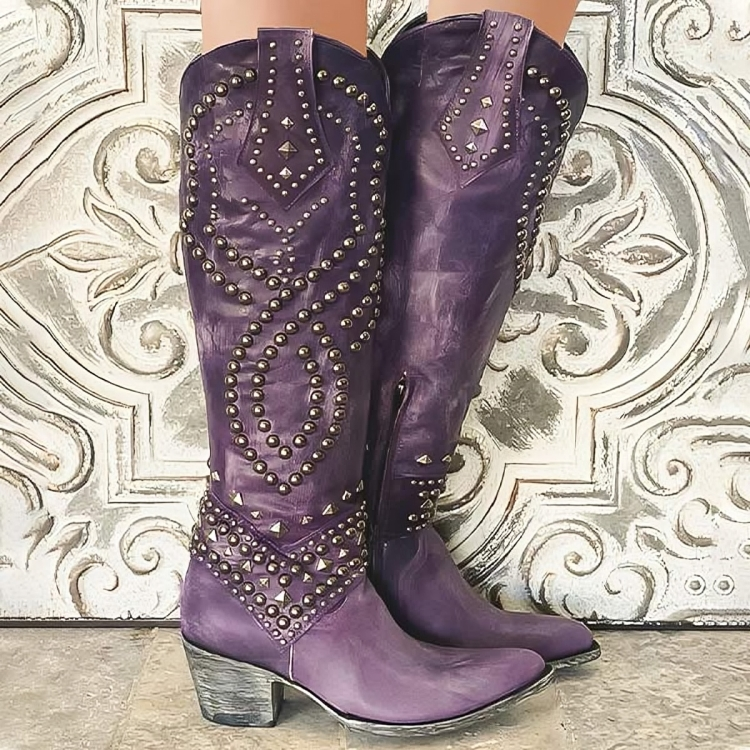 Women’s Knee-High Western Boots with Studded Detail and Block Heel
