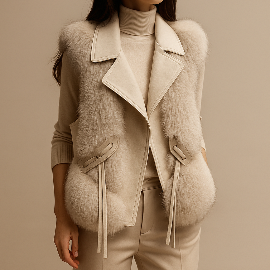 Pehmoinen ylellinen liivi, jossa ylimitoitettu käänne ja vyötärönauhan yksityiskohdat