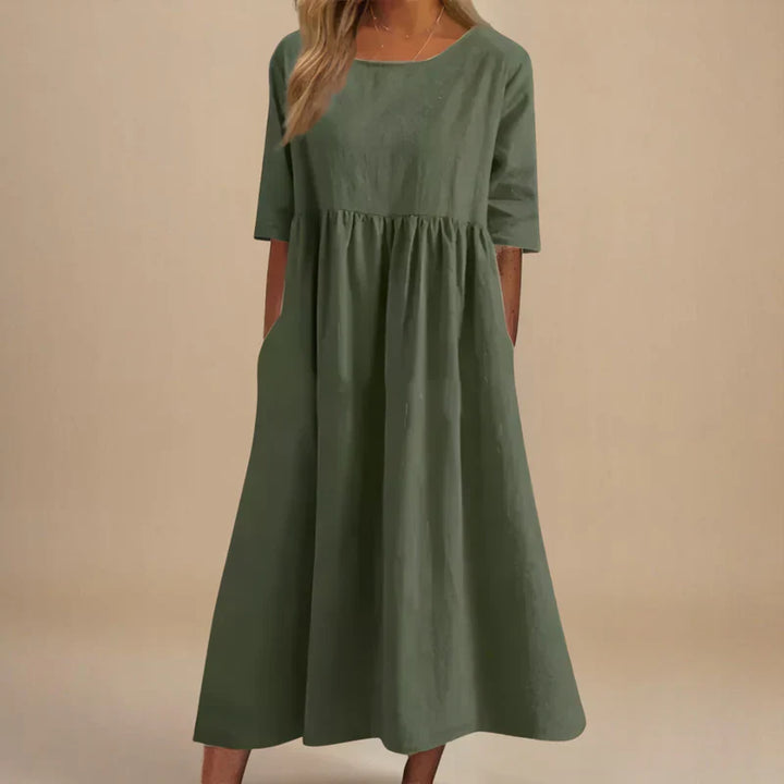 Flattering Cotton Dress Women with Relaxed Sleeves & Hidden Pockets