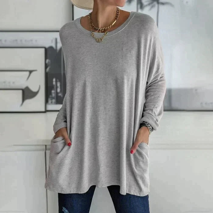Relaxed Fit Long Sleeve Tunic Top with Pockets