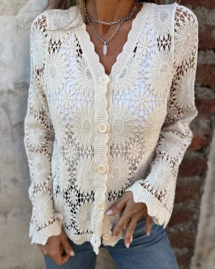Elegant Women’s V-Neck Crochet Lace Blouse