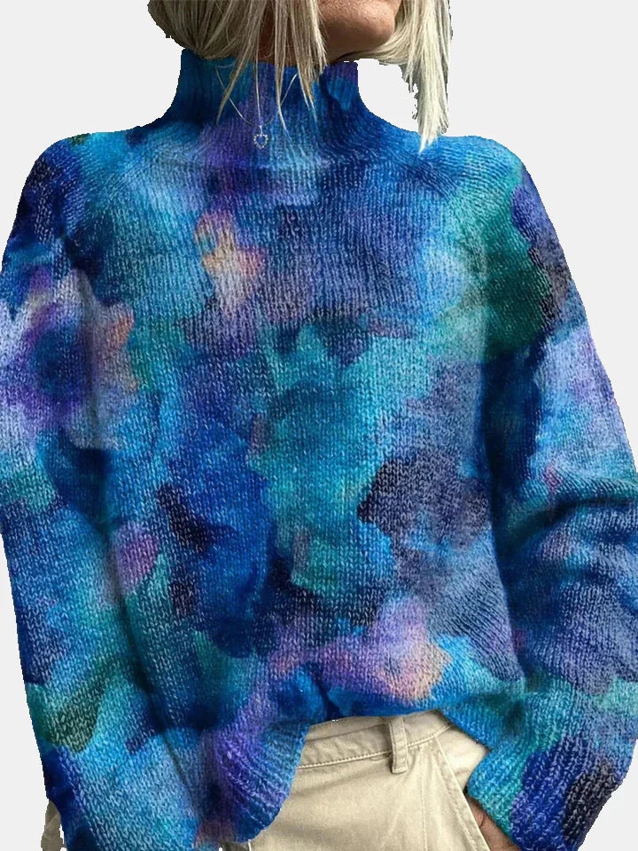 Women's High Neck Knit Sweater with Forest Pattern