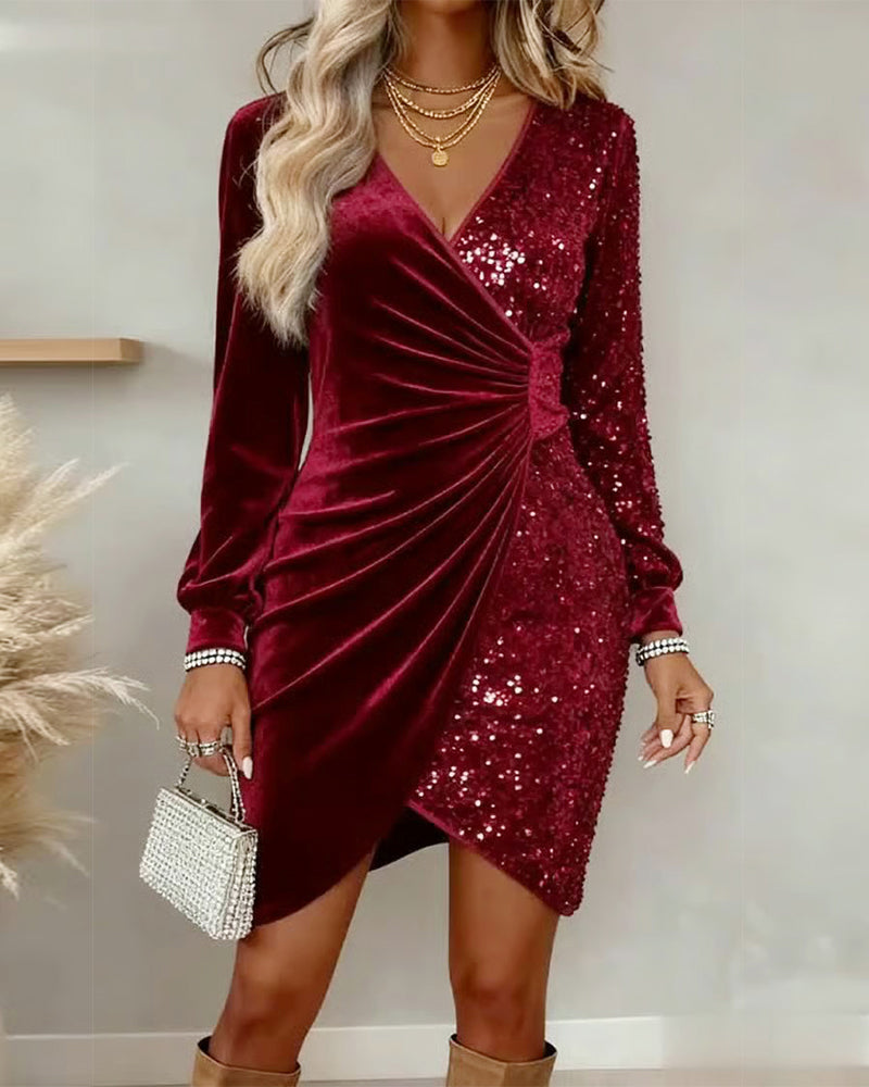 Robe mini portefeuille à sequins pour femme avec manches longues