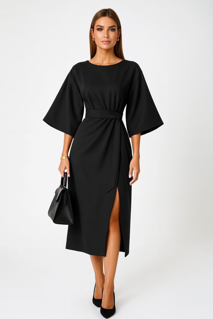 Women’s Midi Dress with Belted Waist and Bell Sleeves | Structured Comfortable Fit