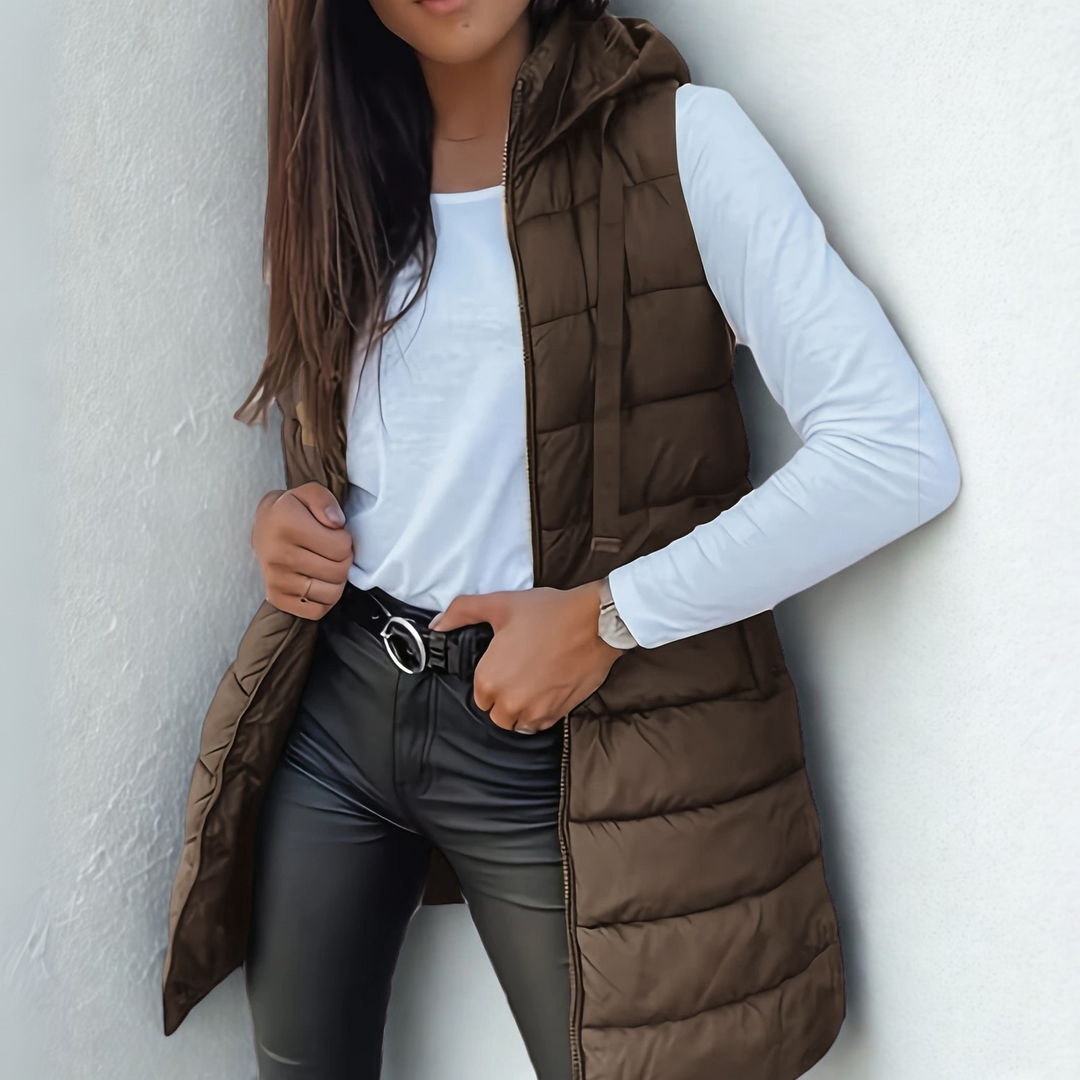 Quilted Longline hettevest for kvinner med glidelås