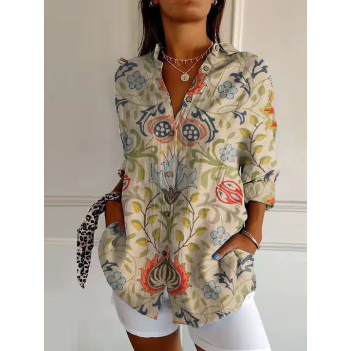 Casual Blouse Floral Print Women with Long-Sleeve Button-Down