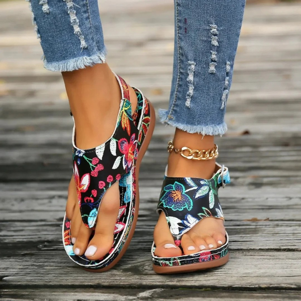 Damskie sandały ortopedyczne w kwiaty z amortyzowanym podbiciem