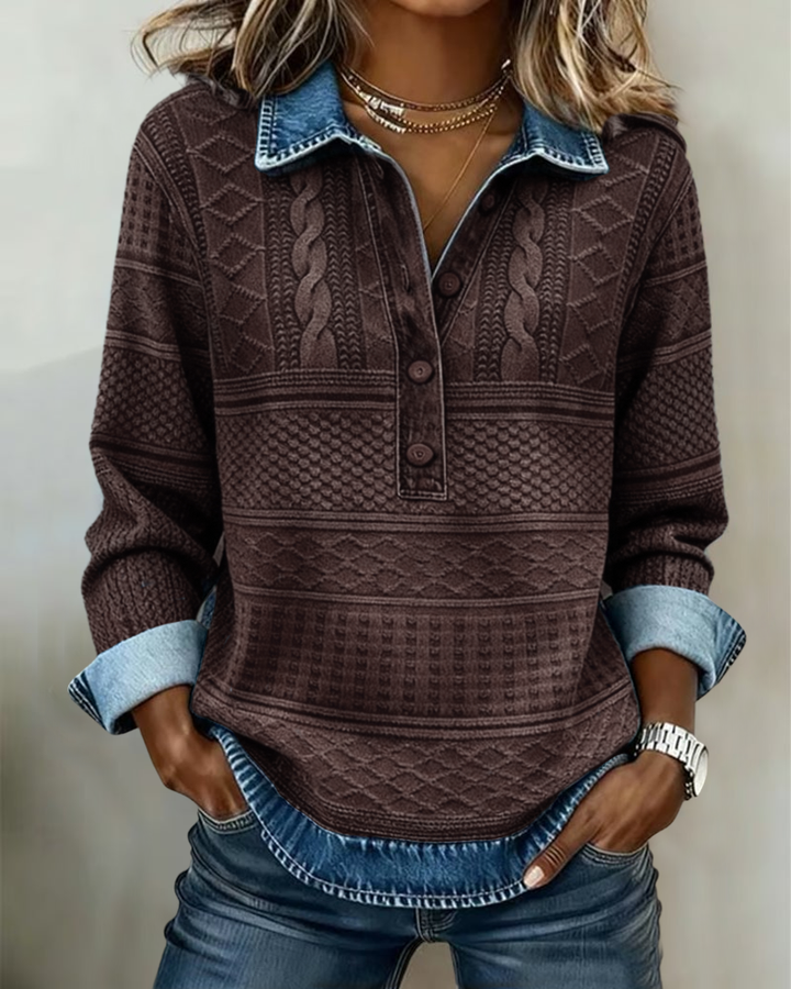 Damski top z miękkiej dzianiny z efektem dżinsu i guzikiem z przodu