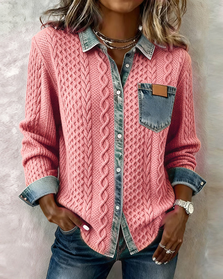 Women’s Soft Knit Sweater Featuring Denim Collar and Cuffs