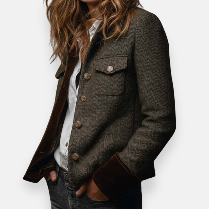 Veste en tweed structurée pour femme avec bordure en velours