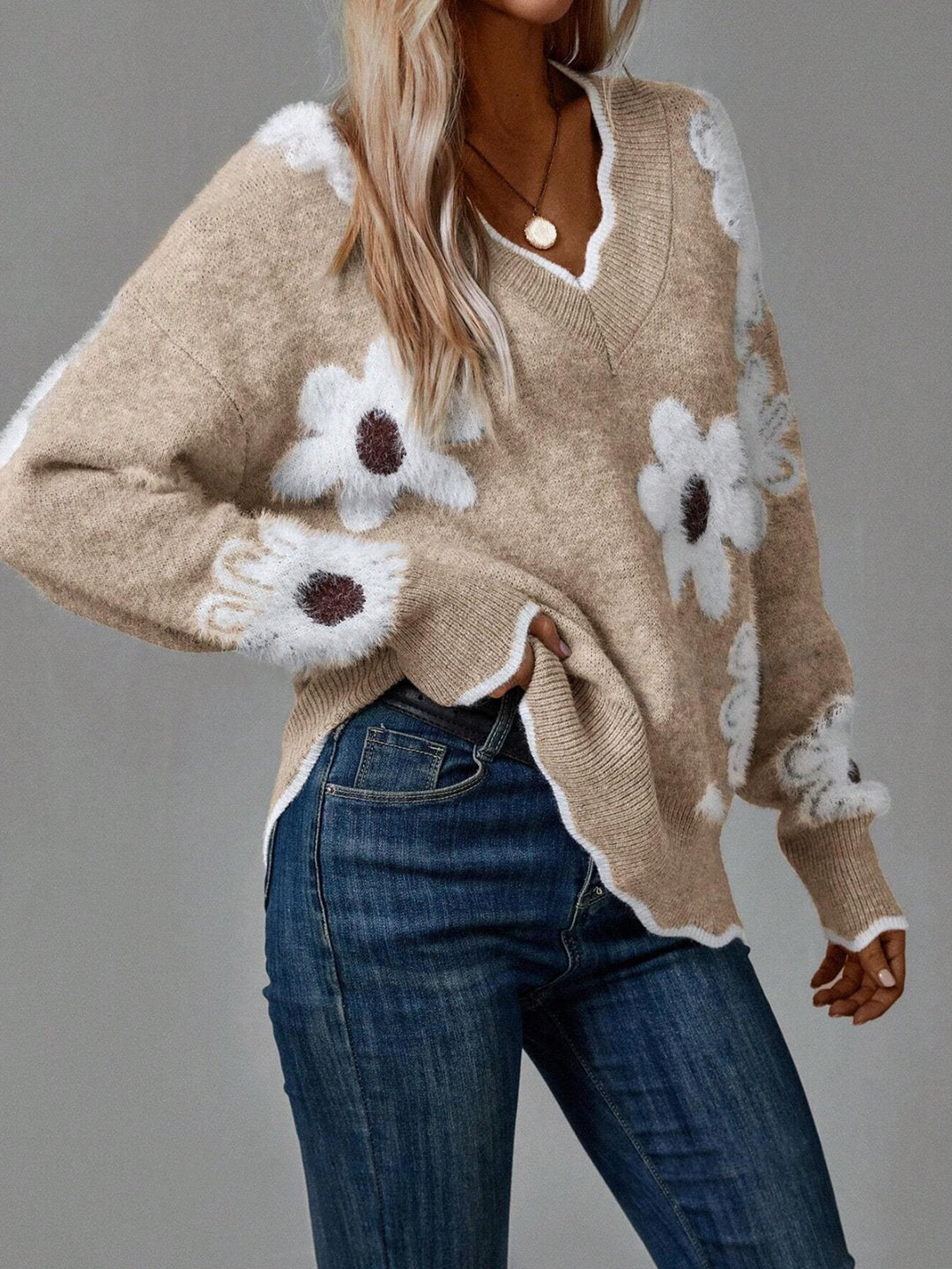 Women’s V-Neck Soft Floral Knit Sweater