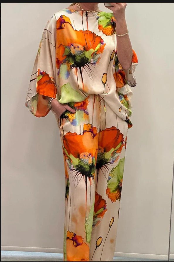 Kirkas ja rohkea naisten kaksoissetti, ylellinen kangas, kirkas printti, joustava istuvuus, mukava