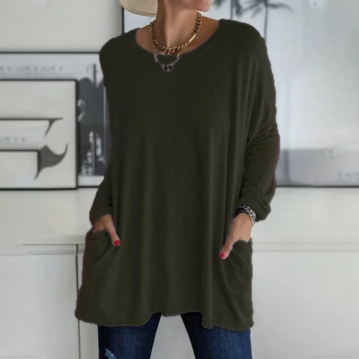 Relaxed Fit Long Sleeve Tunic Top with Pockets