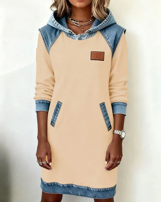 Two-Tone Hooded Sweater with Denim Accents
