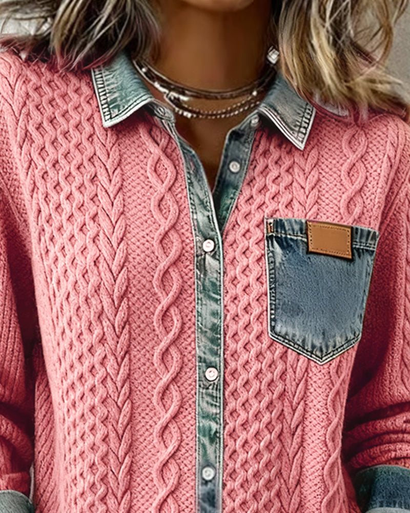 Women’s Soft Knit Sweater Featuring Denim Collar and Cuffs