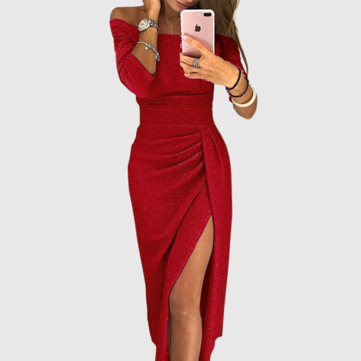 Elegant Off-Shoulder Maxi Dress Featuring a Side Slit