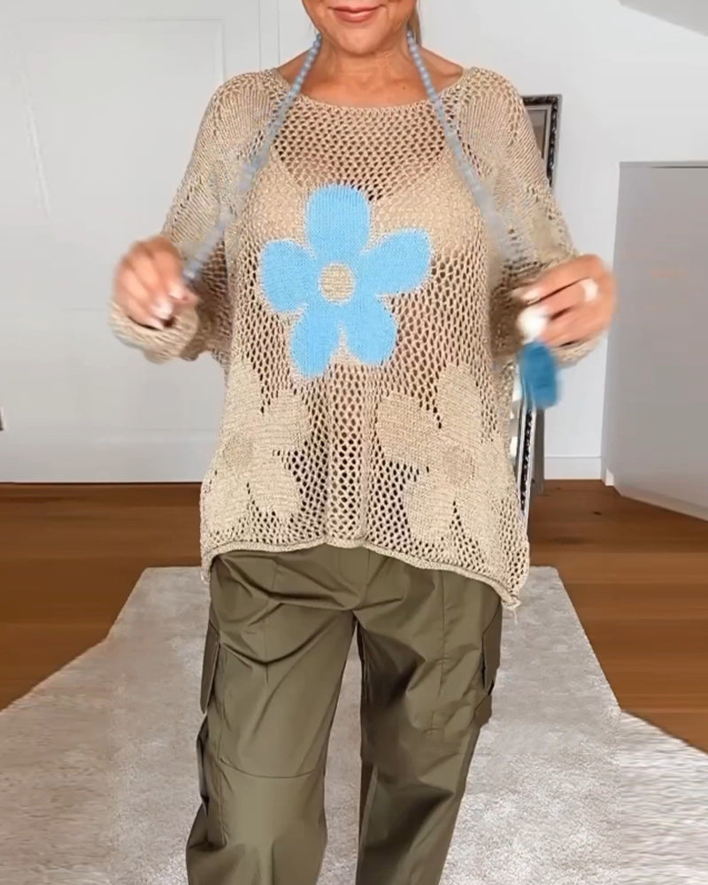 Women’s Relaxed-Fit Lightweight Floral Knit Sweater