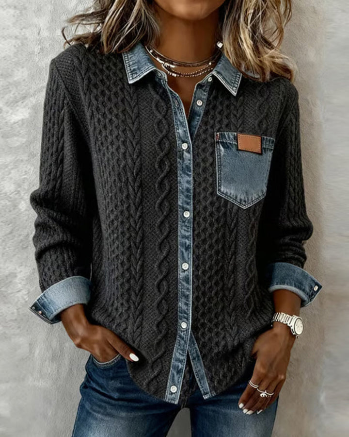 Women’s Soft Knit Sweater Featuring Denim Collar and Cuffs