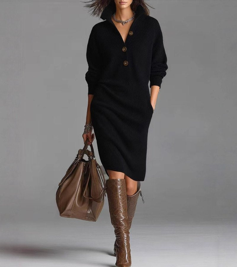 Women’s Long Sleeve Button-Front Knit Midi Dress