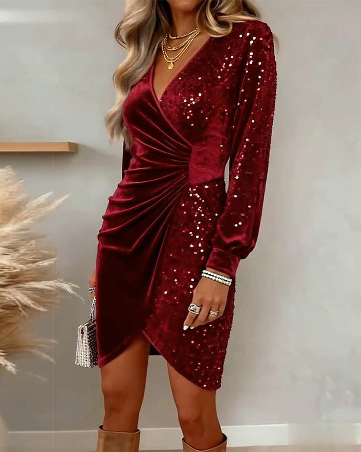 Robe mini portefeuille à sequins pour femme avec manches longues