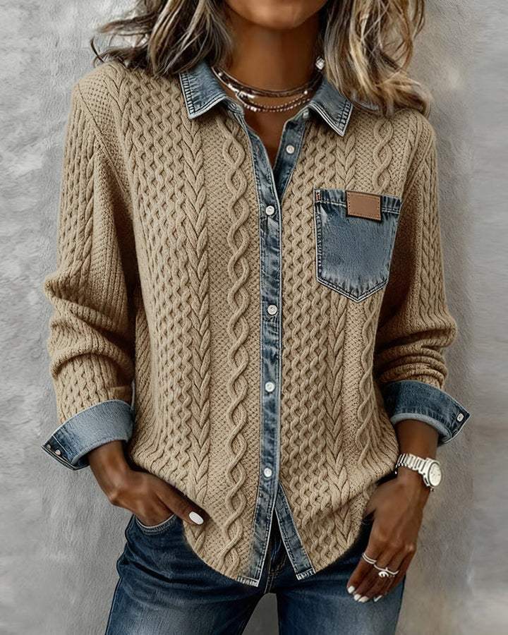 Women’s Soft Knit Sweater Featuring Denim Collar and Cuffs