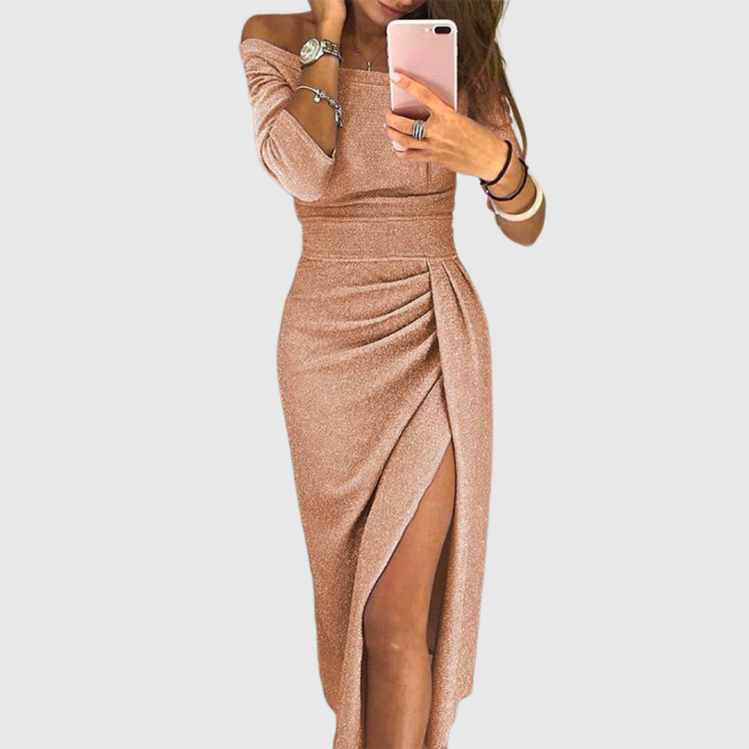 Elegant Off-Shoulder Maxi Dress Featuring a Side Slit