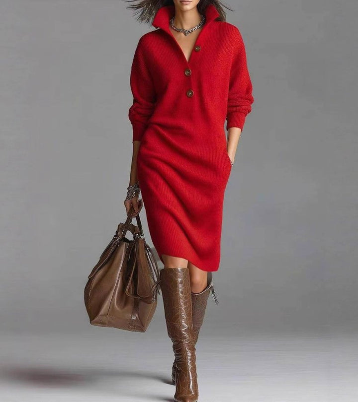 Women’s Long Sleeve Button-Front Knit Midi Dress