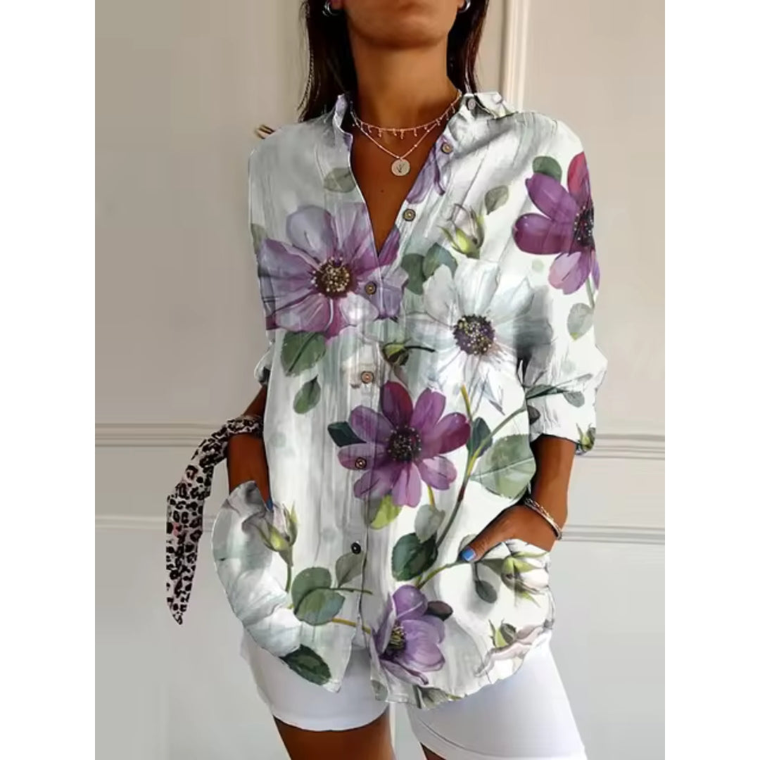 Casual Blouse Floral Print Women with Long-Sleeve Button-Down