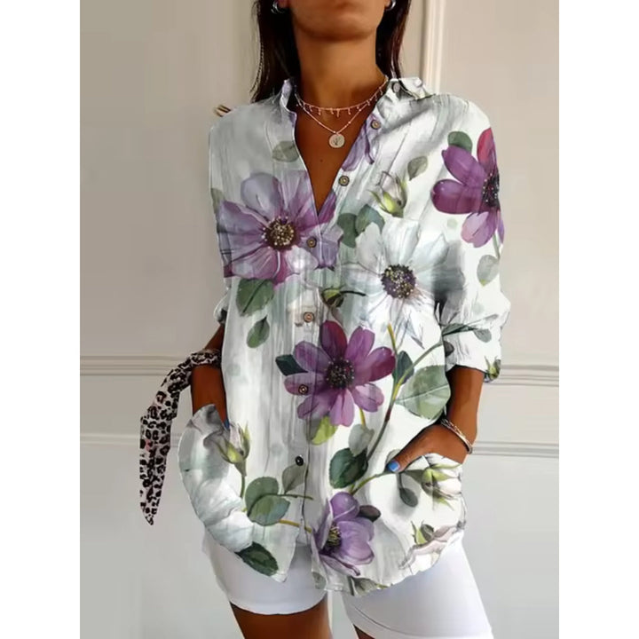 Casual Blouse Floral Print Women with Long-Sleeve Button-Down